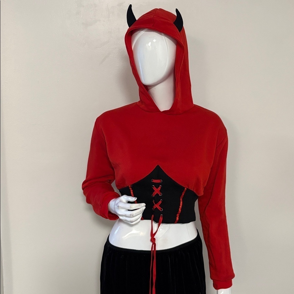 Leg Avenue Devil Cropped Lace-up Corset Hoodie w Horn & Wing Details Halloween